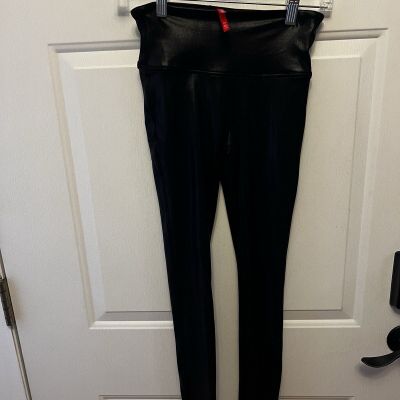 SPANX Faux Leather Leggings Women's Black Shiny Coated Shaping Pants Size S